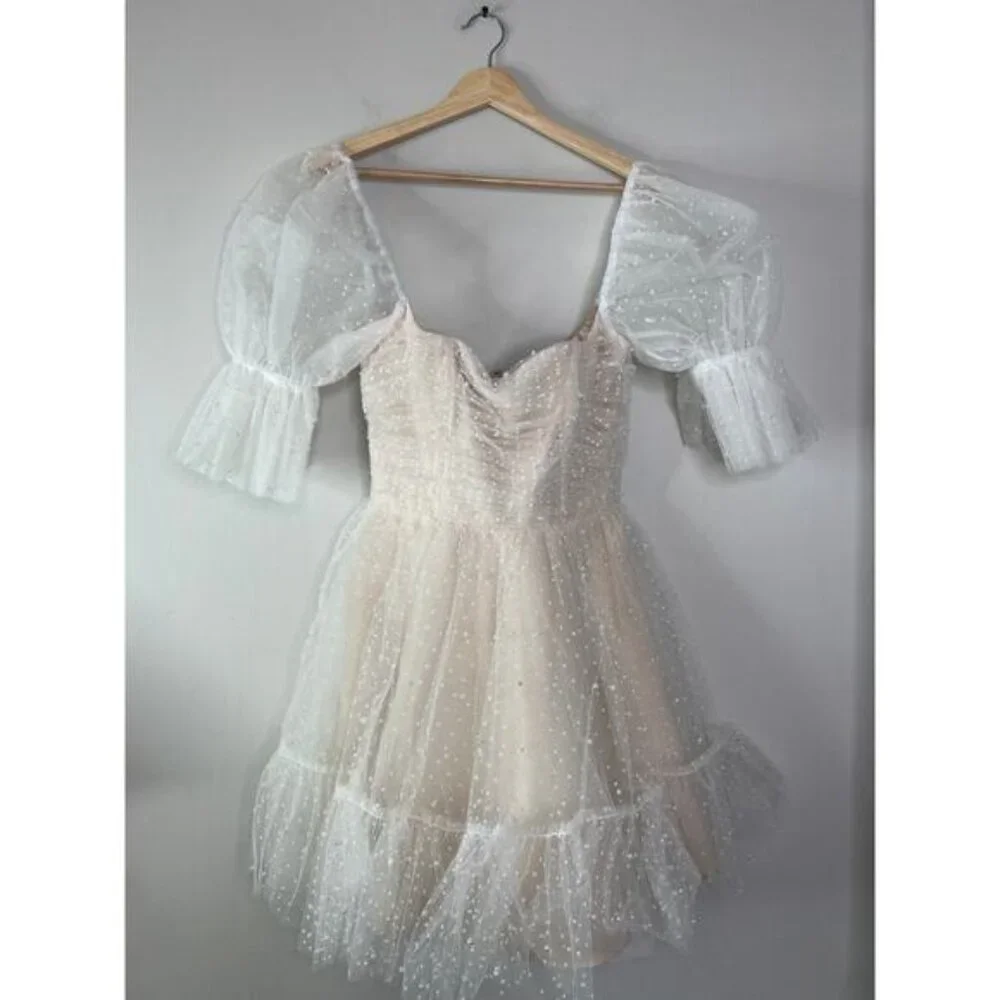 NEW By Watters Macaron Flock Dotted And Pearl Embellished Mini Dress Ivory - Picture 3 of 10